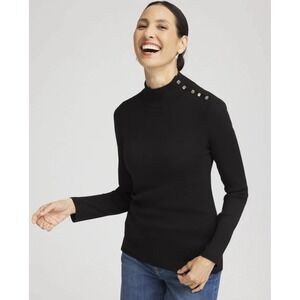 Chico's Black Ella Mockneck Sweater Button Accents Sz 2/L Preppy Office Classic